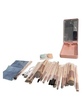 BESTOPE Travel Makeup Brush Set Rose Gold with Mirror Case Sponges Pro Pink